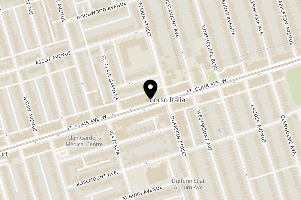 Map showing the location of Pizza e Pazzi on 1182 Saint Clair Avenue West in Toronto